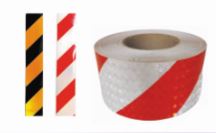 Prismatic warning reflective tape, widths: 5 / 7 / 10 cm. White color printed with red diagonal hatching. Available in 45 m rolls