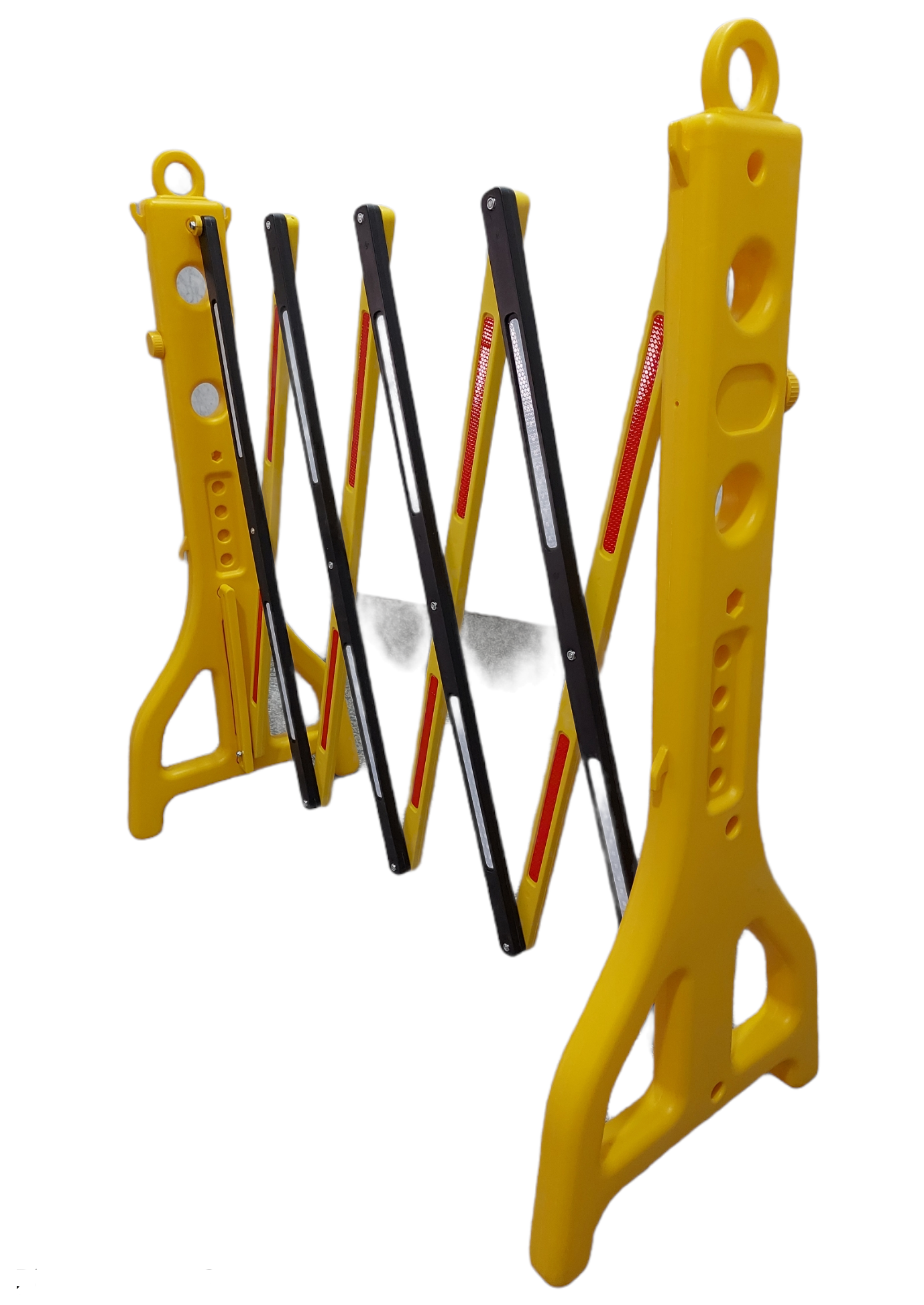 Foldable plastic road barrier – accordion style. Height: 1 m; at maximum expansion, width is 2.45 m x 0.38 m depth.