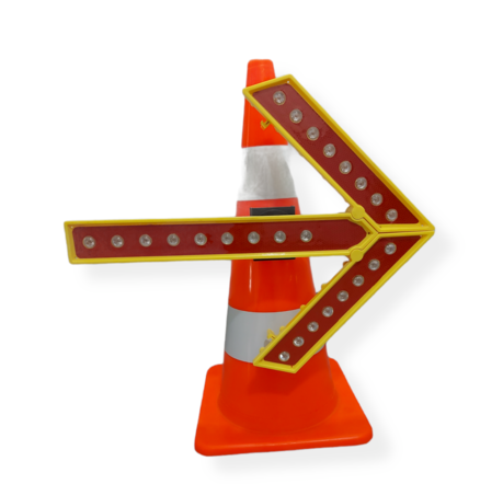 Illuminated direction arrow, easily foldable, equipped with a loop for hanging on cones, barriers, or other elements